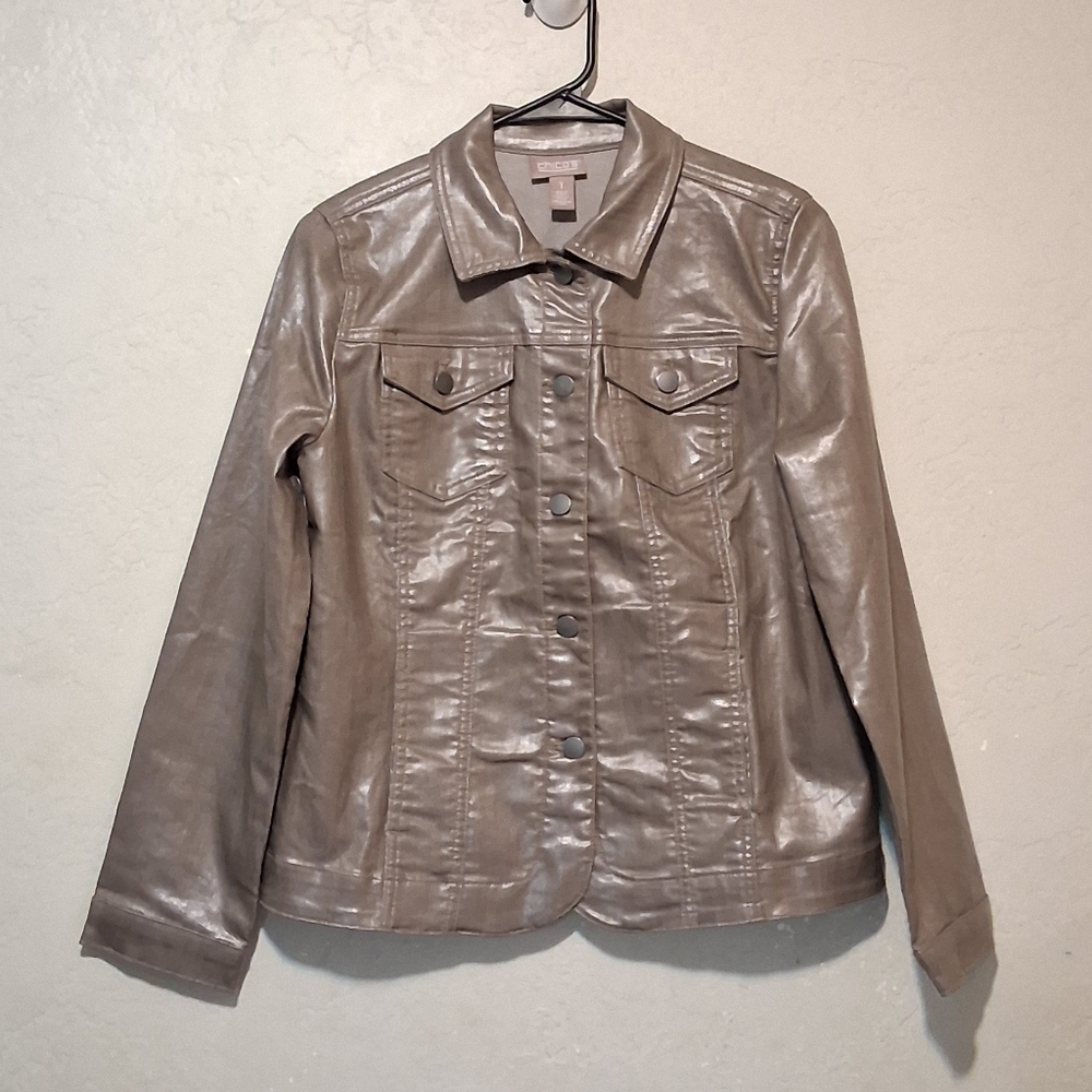 CHICO'S Women Metallic Jean Jacket Button-Up Brown‎ Gray Sz1 Faux Leather